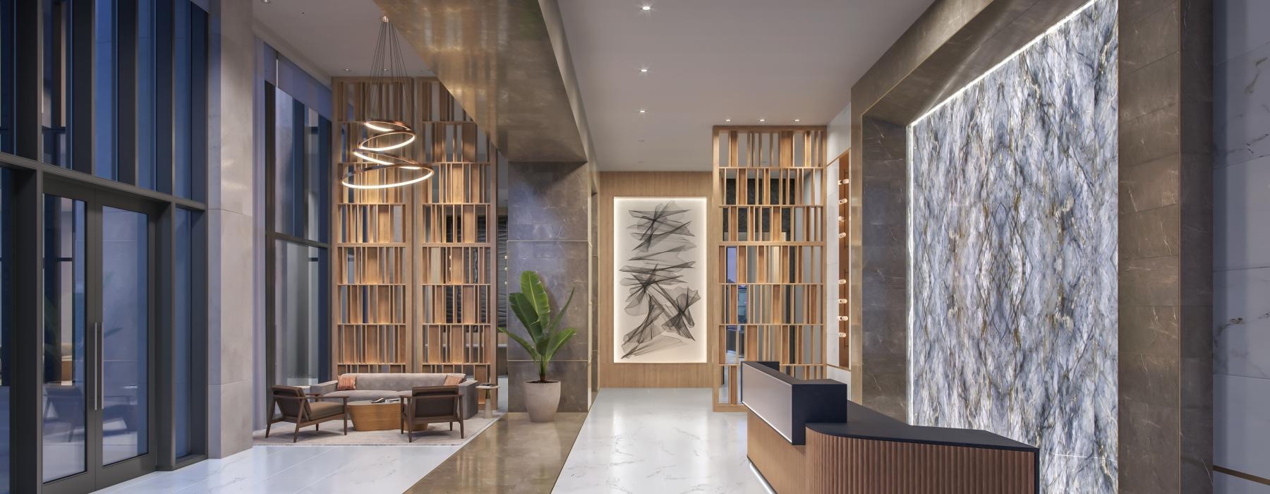 a room with a large bookcase and a bench