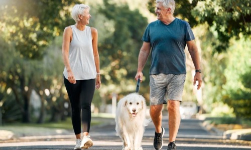 Hanover Riverwalk is a pet-friendly community! a man and a woman walking a dog on a leash